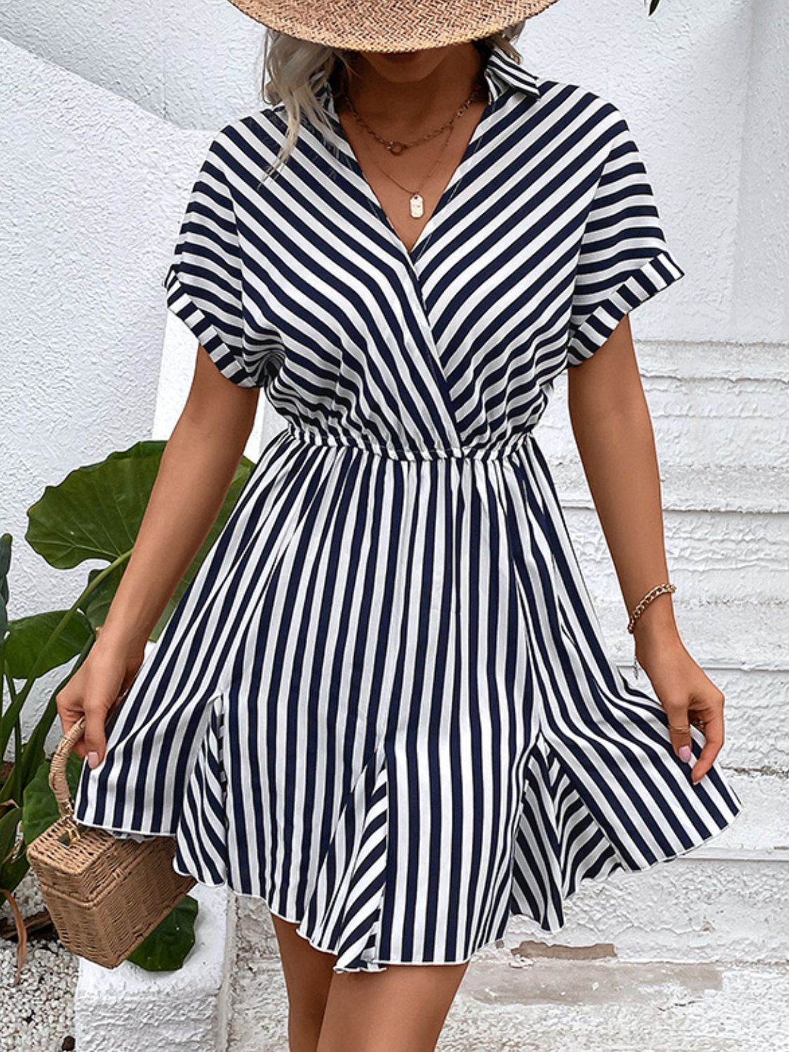 Striped Johnny Collar Mini Dress - Online Only