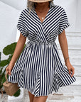 Striped Johnny Collar Mini Dress - Online Only