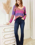 Double Take Multicolored Rib-Knit V-Neck Knit Pullover