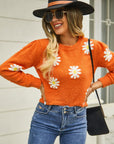 Flower Pattern Round Neck Short Sleeve Pullover Sweater - Online Only