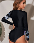 Botanical Print Zip Up Long Sleeve One-Piece Swimsuit - Online Only