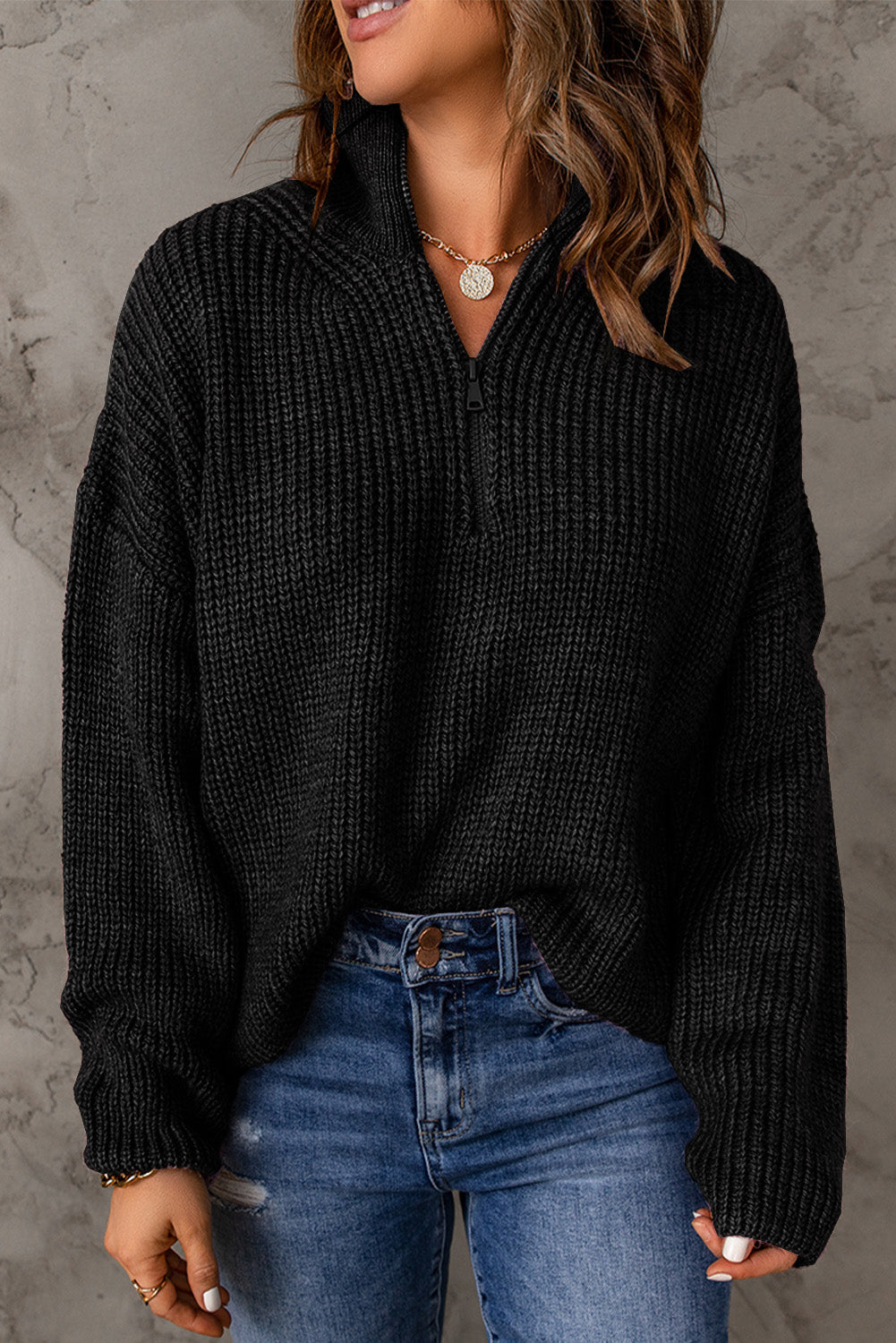 Half Zip Rib-Knit Dropped Shoulder Sweater - Online Only