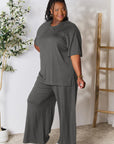 Double Take Full Size Round Neck Slit Top and Pants Set