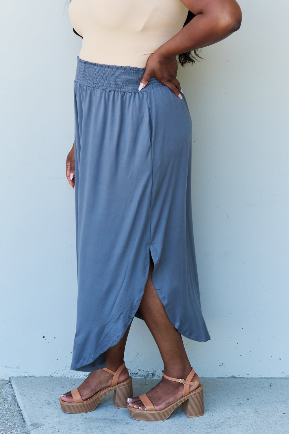 Doublju Comfort Princess High Waist Scoop Hem Maxi Skirt in Dusty Blue - Online Only