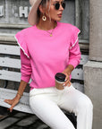 Round Neck Ruffle Trim Long Sleeve Pullover Sweater