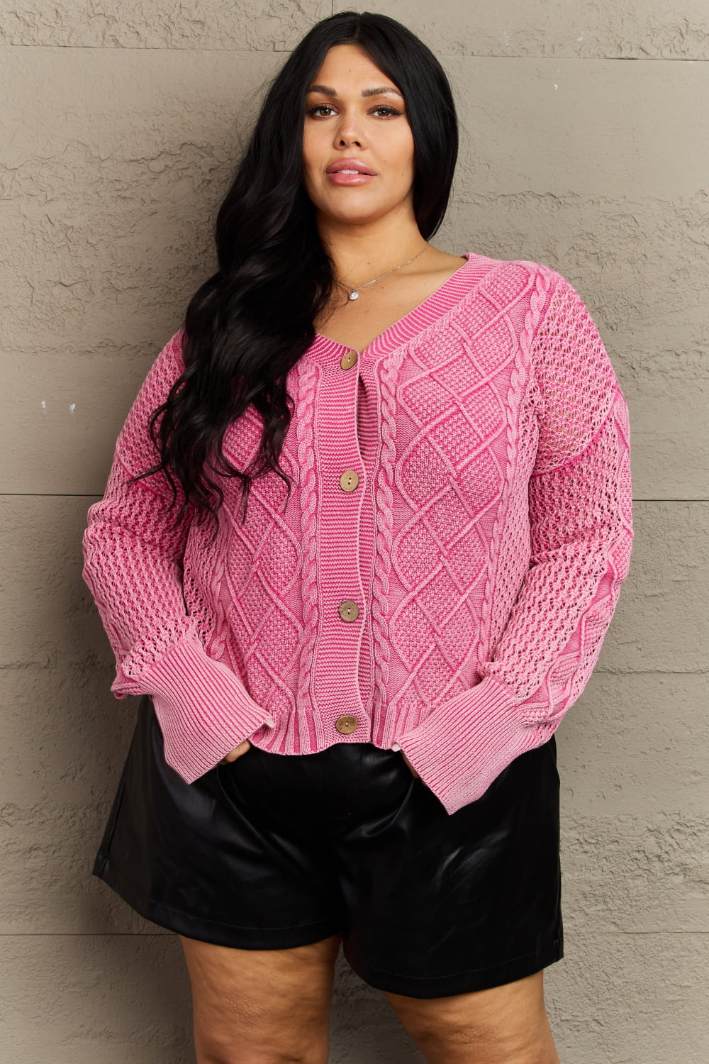 HEYSON Soft Focus Full Size Wash Cable Knit Cardigan in Fuchsia - Online Only