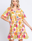 GeeGee Full Size Floral V-Neck Ruffle Trim Mini Dress