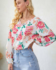 Floral Notched Neck Long Sleeve Blouse - Online Only