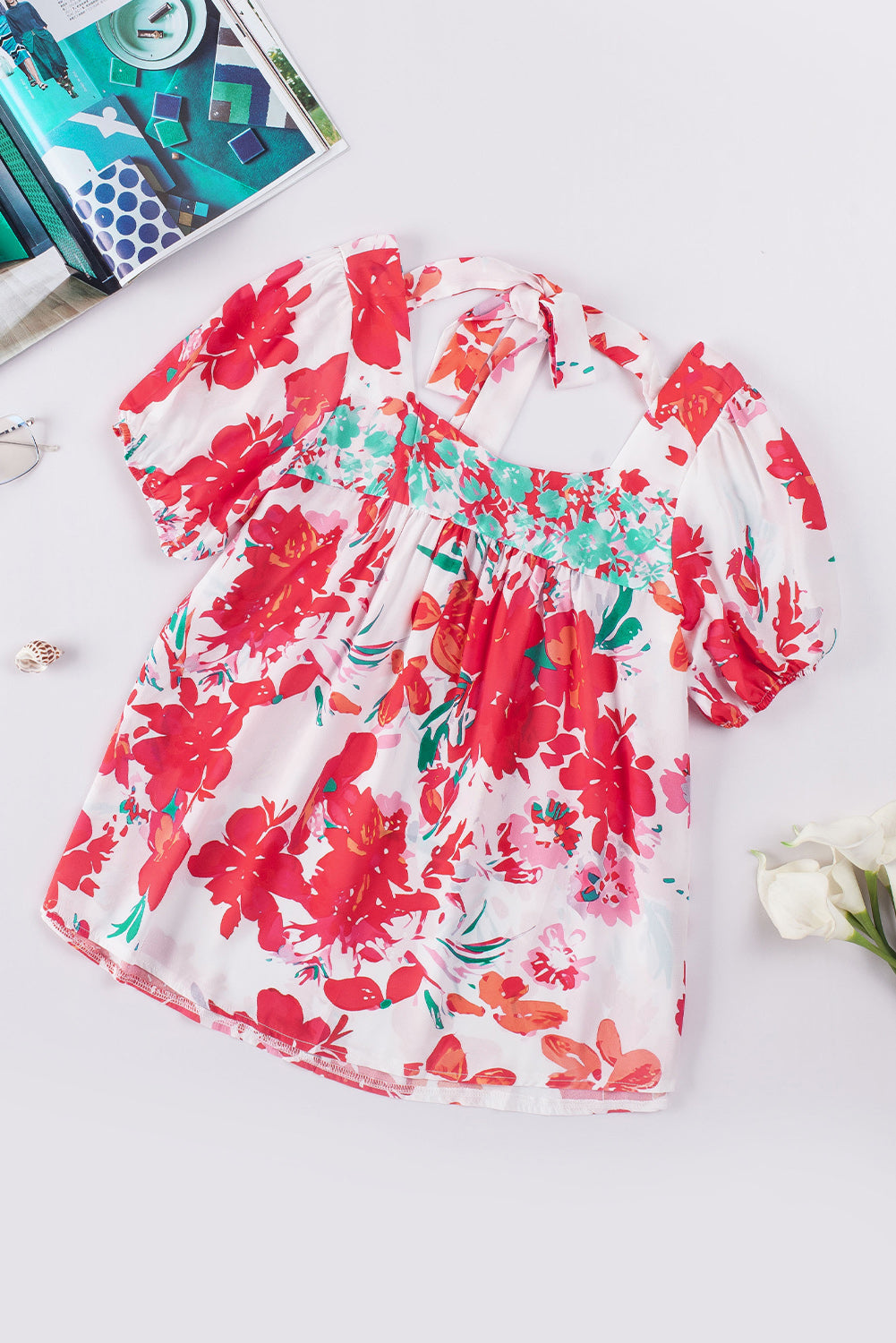Floral Tie Back Square Neck Blouse - Online Only