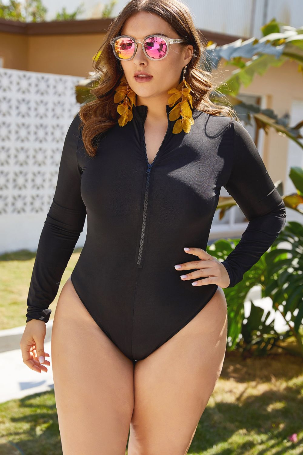 Zip Up Long Sleeve One-Piece Swimsuit - Online Only