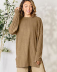 Basic Bae Full Size Ribbed Round Neck Long Sleeve Slit Top