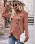Ribbed Round Neck Buttoned Long Sleeve Tee - Online Only