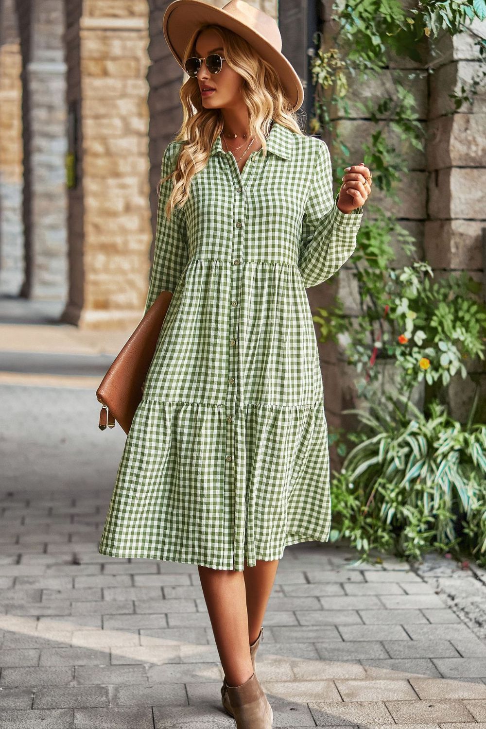 Collared Neck Long Sleeve Midi Dress - Online Only