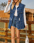 Sleeveless Button-Up Collared Denim Top with Pockets - Online Only