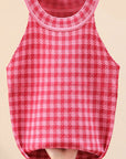 Plaid Round Neck Sleeveless Knit Top - Online Only
