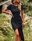 Twisted Round Neck Short Sleeve Dress - Online Only