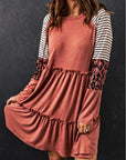 Mixed Print Frill Trim  Long Sleeve Dress - Online Only