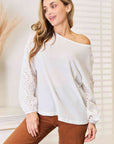 Double Take Eyelet Dropped Shoulder Round Neck Blouse