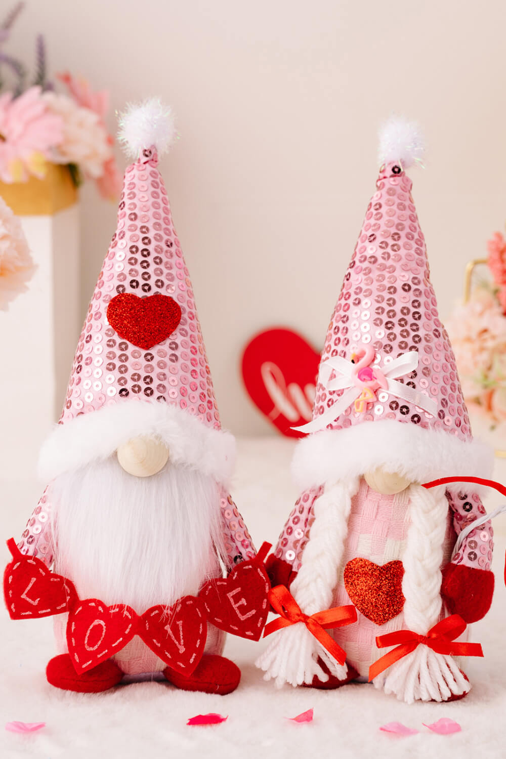 Valentine&#39;s Day Sequined Heart Pointed Hat Faceless Gnome - Online Only