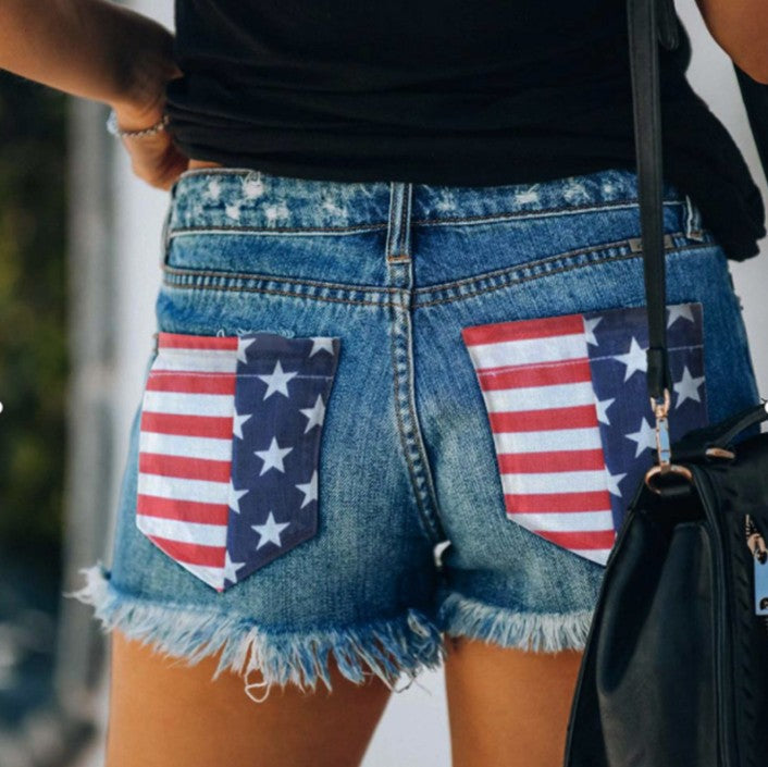US Flag Distressed Denim Shorts - Online Only