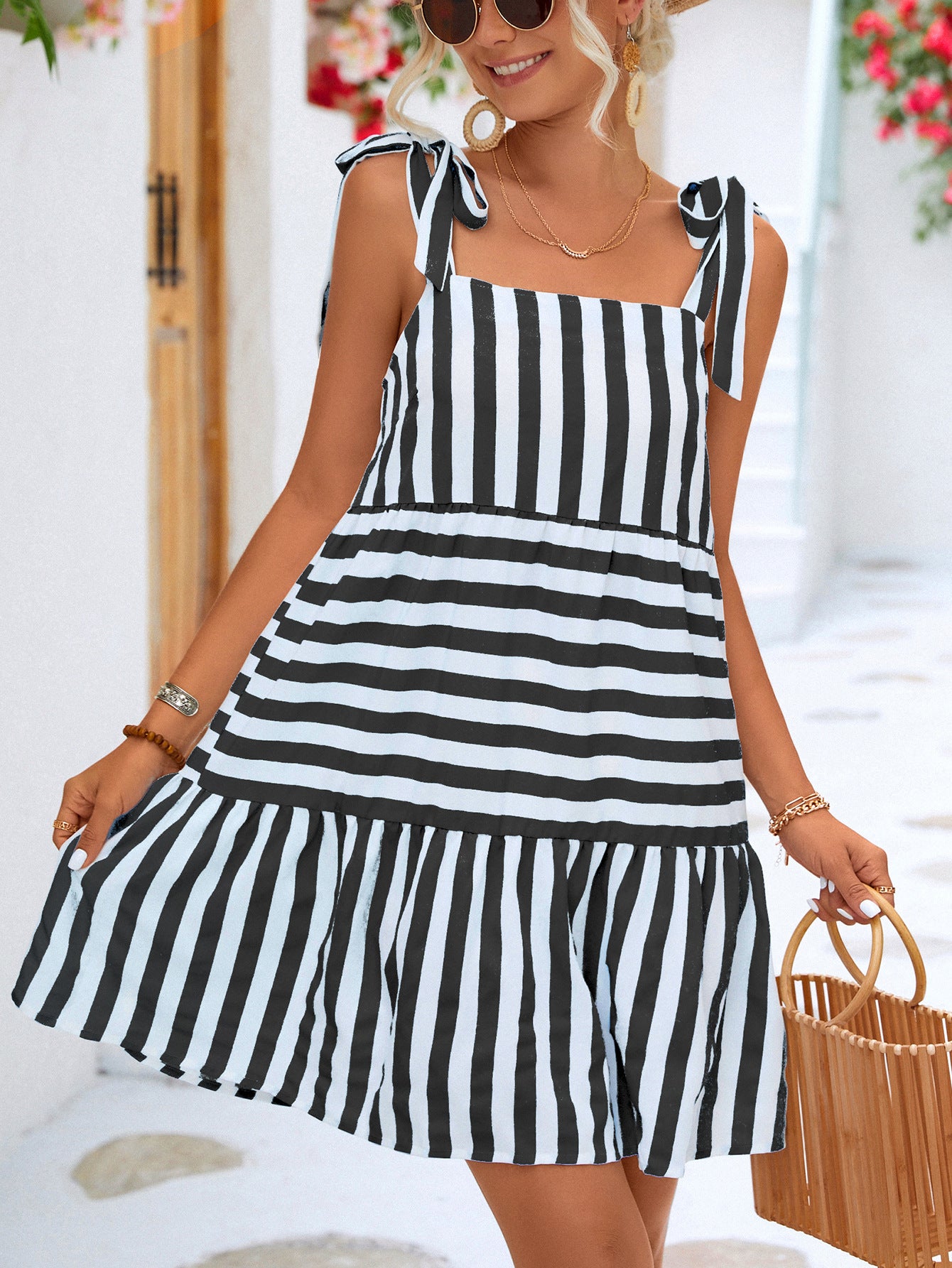 Striped Tie Shoulder Straight Neck Mini Dress - Online Only