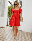 Ruched Square Neck Flounce Sleeve Mini Dress