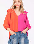 GeeGee Full Size Ruffle Trim Contrast Blouse