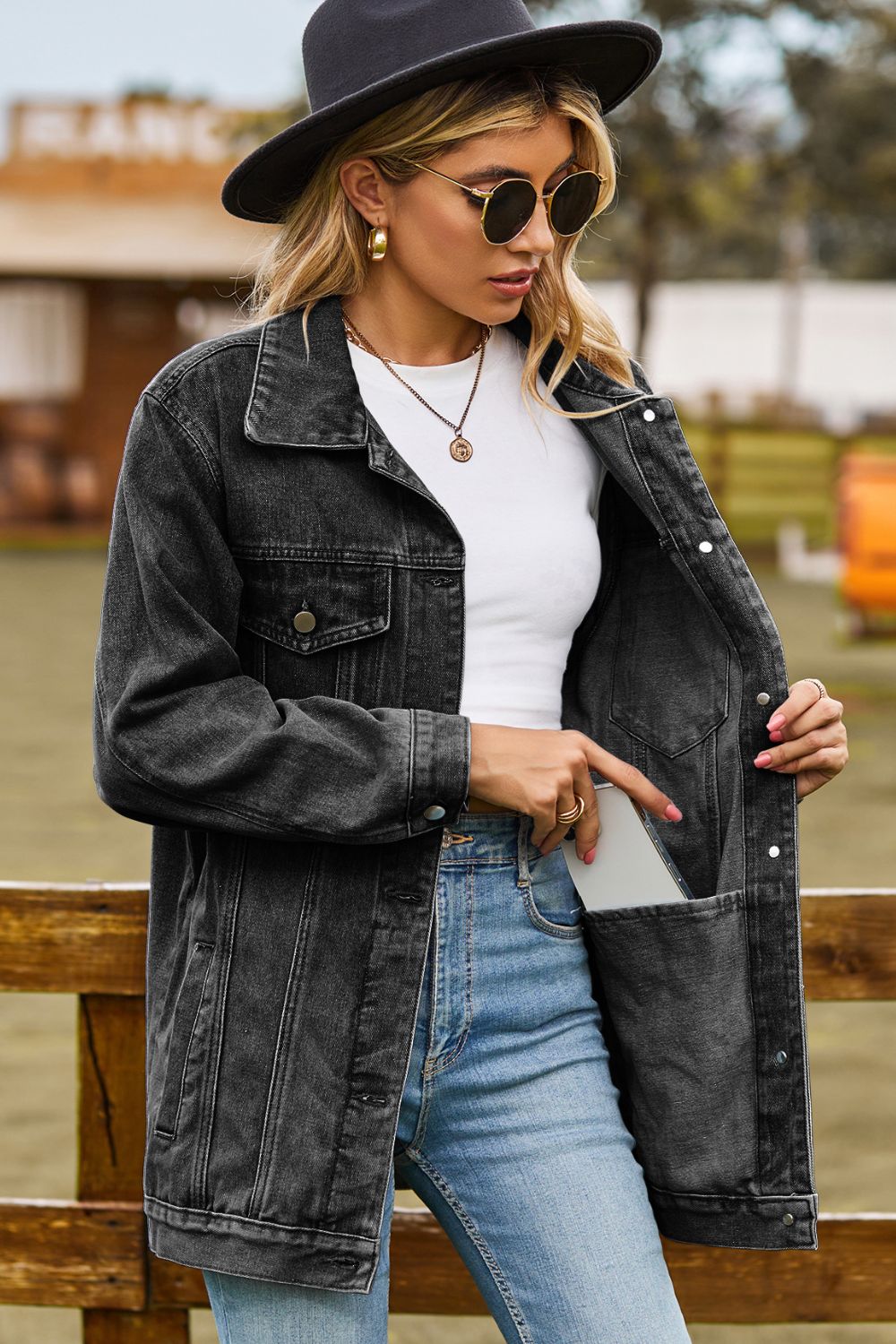 Buttoned Collared Neck Denim Jacket with Pockets - Online Only