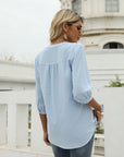 Swiss Dot Notched Neck Three-Quarter Sleeve Blouse - Online Only