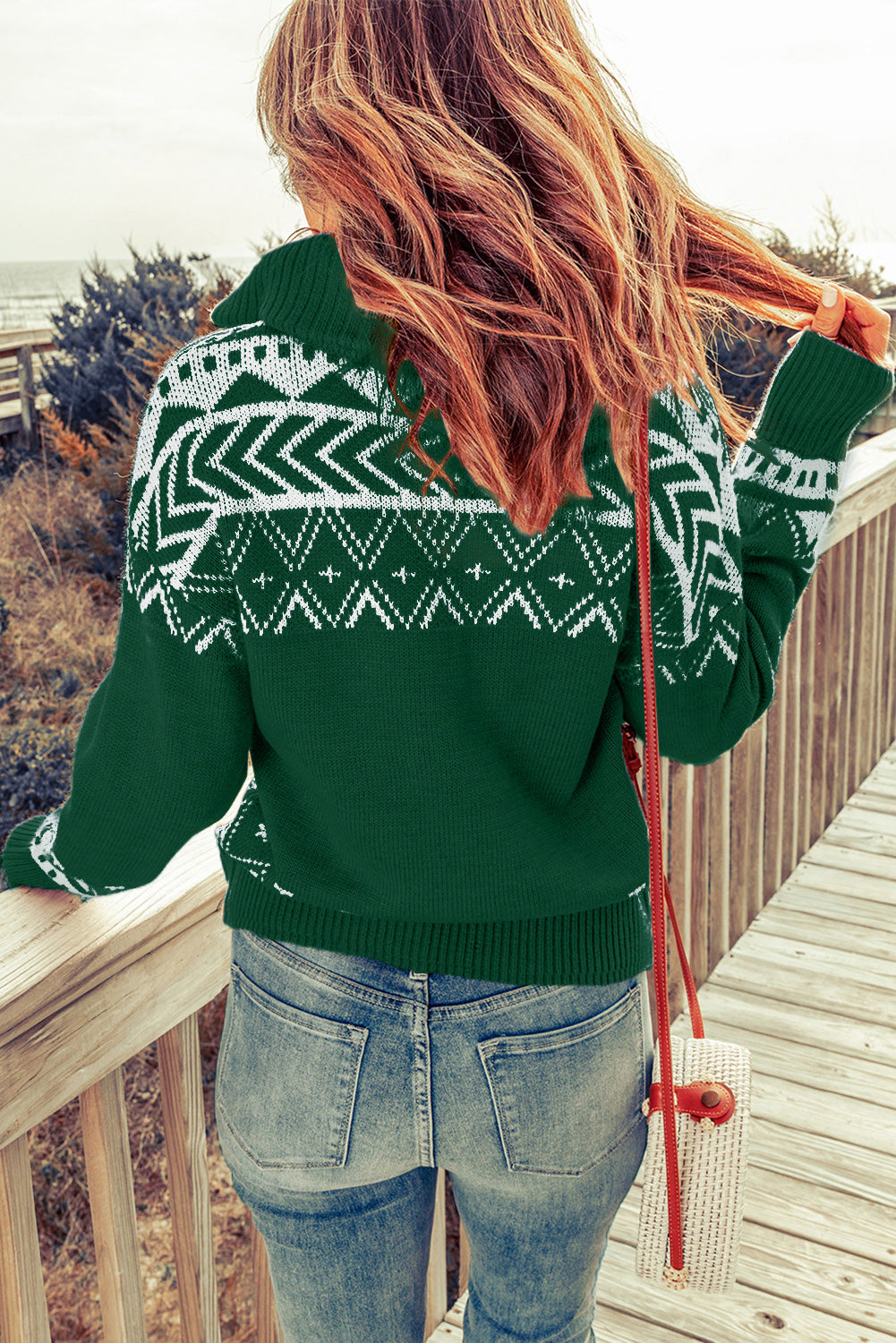 Zip-Up Mock Neck Dropped Shoulder Pullover Sweater - Online Only