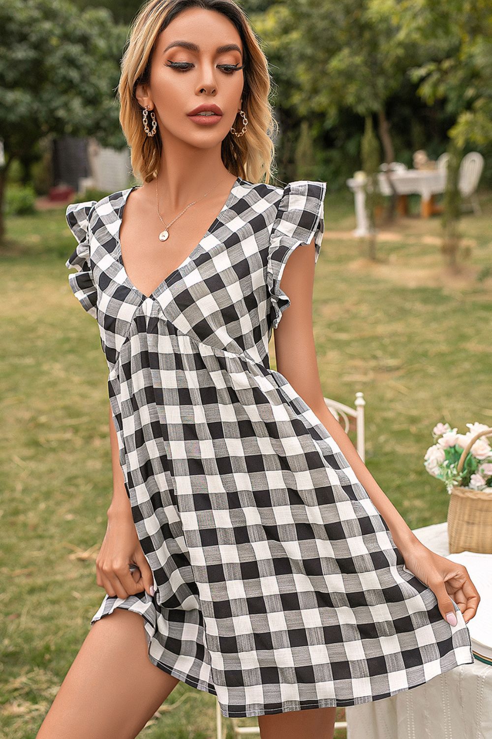 Plaid Butterfly Sleeve Deep V Dress - Online Only