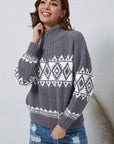 Zip-Up Geometrical Pattern Pullover Sweater - Online Only