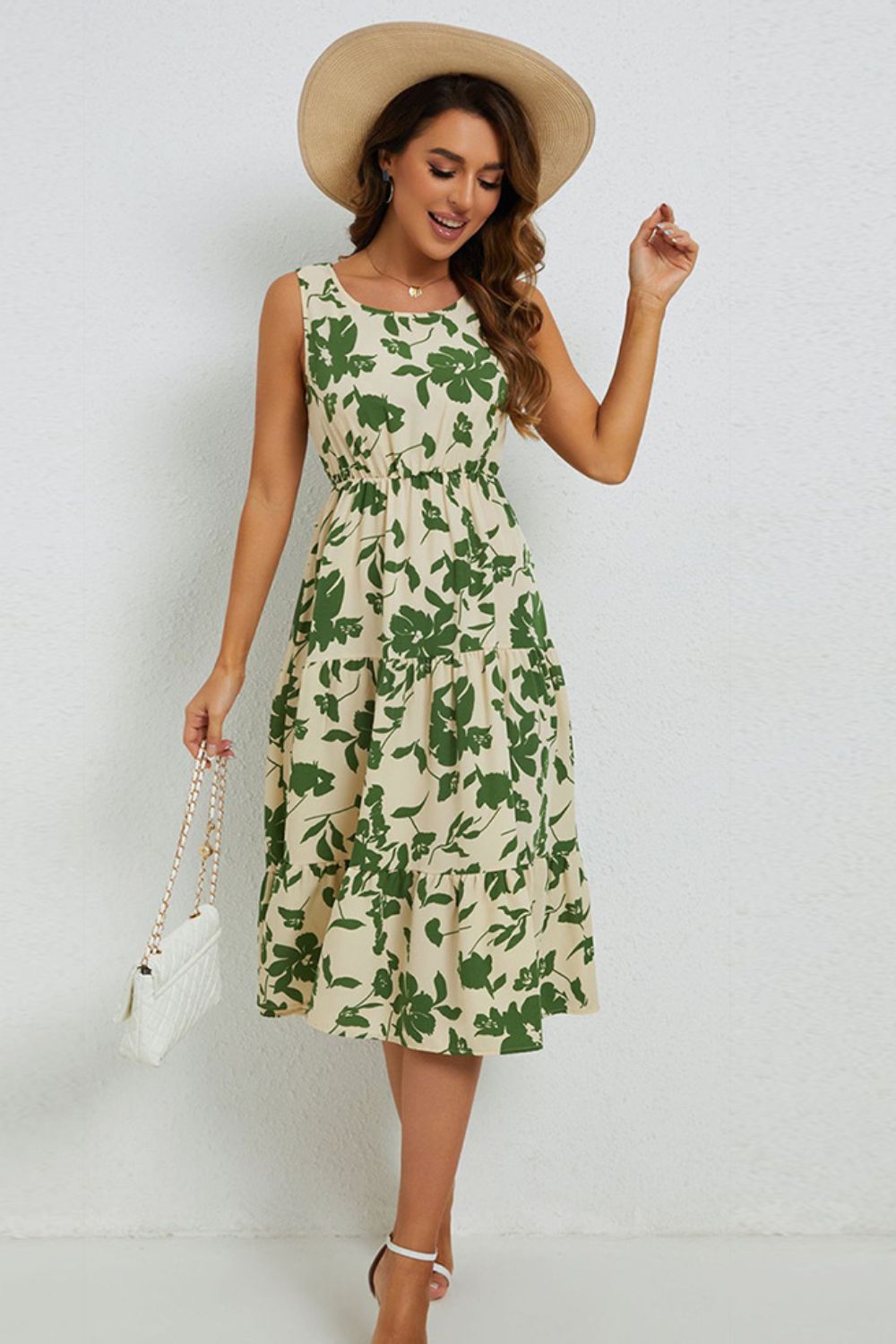 Floral Round Neck Tiered Sleeveless Dress - Online Only