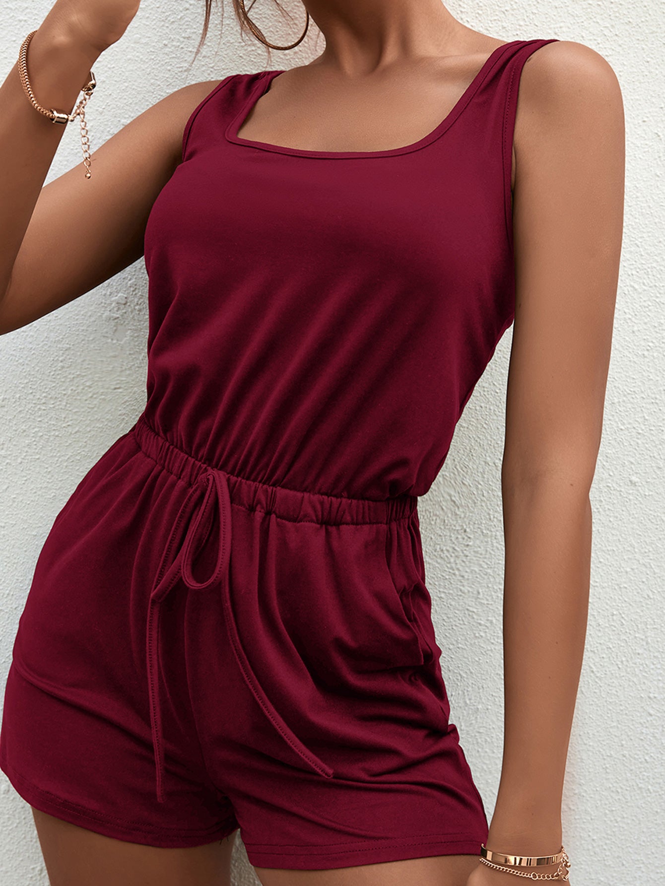 Square Neck Sleeveless Romper with Pockets - Online Only