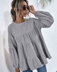 Round Neck Dropped Shoulder Tiered Blouse - Online Only