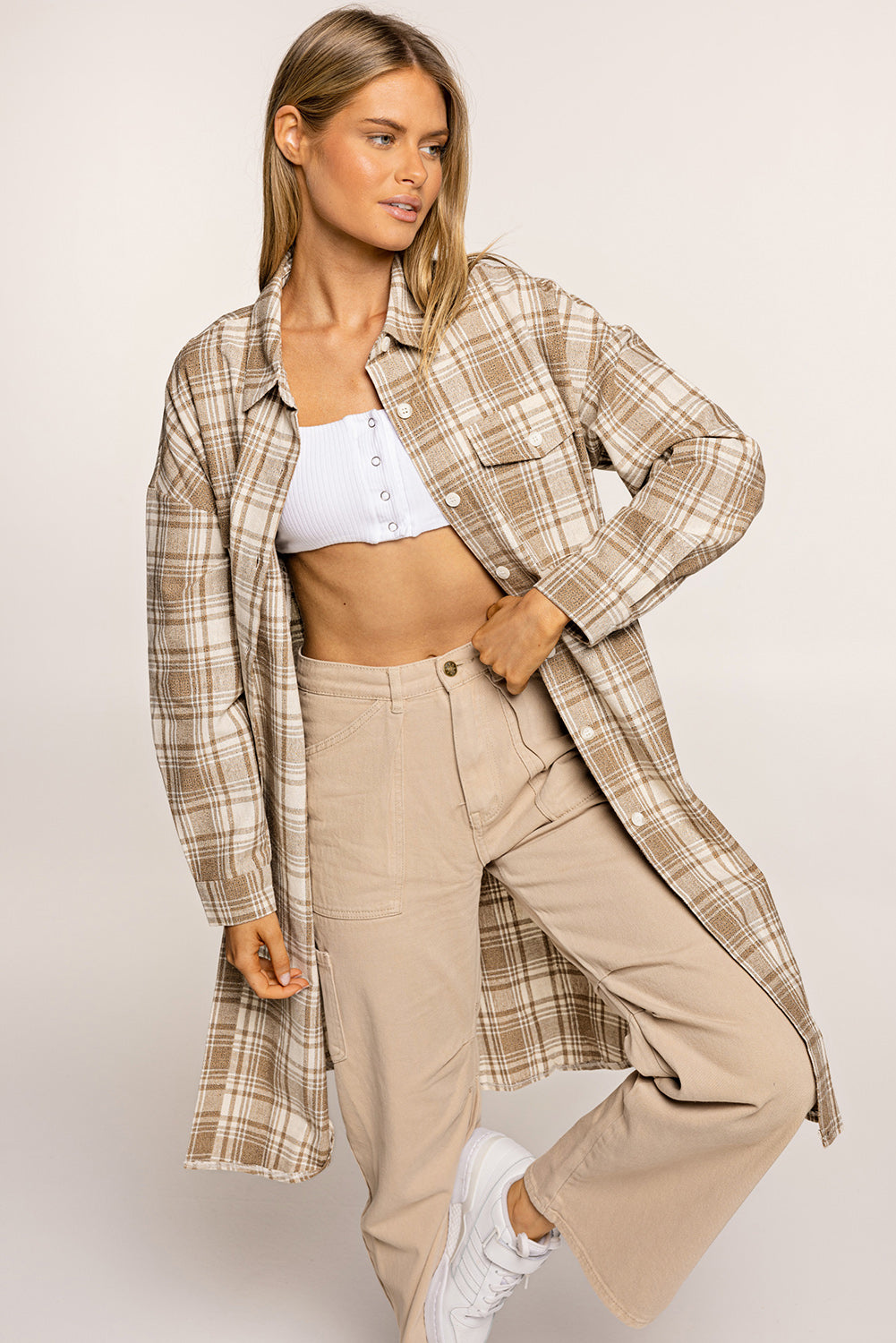 Plaid Button-Up Longline Shacket with Breast Pockets - Online Only