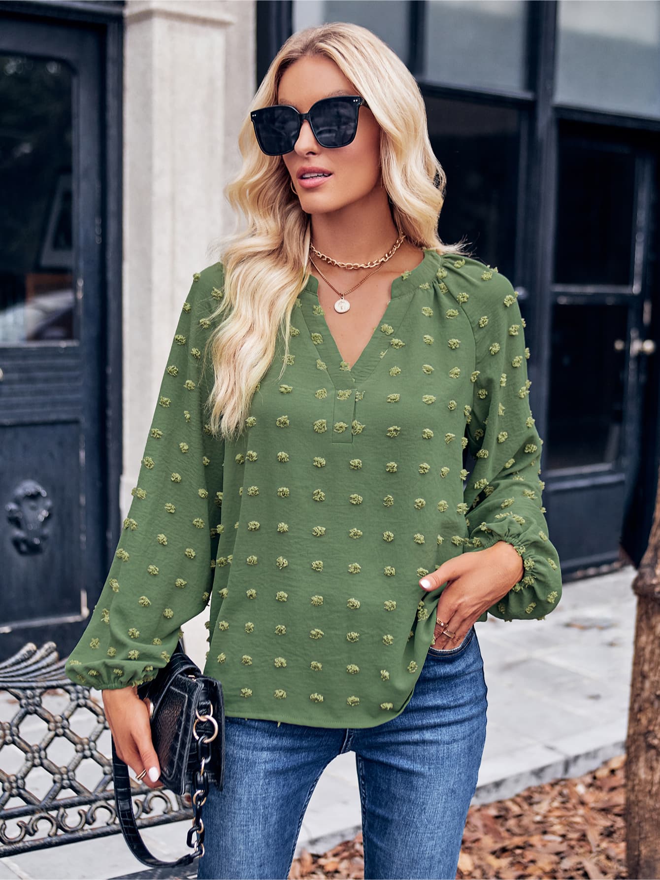 Swiss Dot Notched Neck Long Sleeve Blouse - Online Only