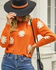 Flower Pattern Round Neck Short Sleeve Pullover Sweater - Online Only