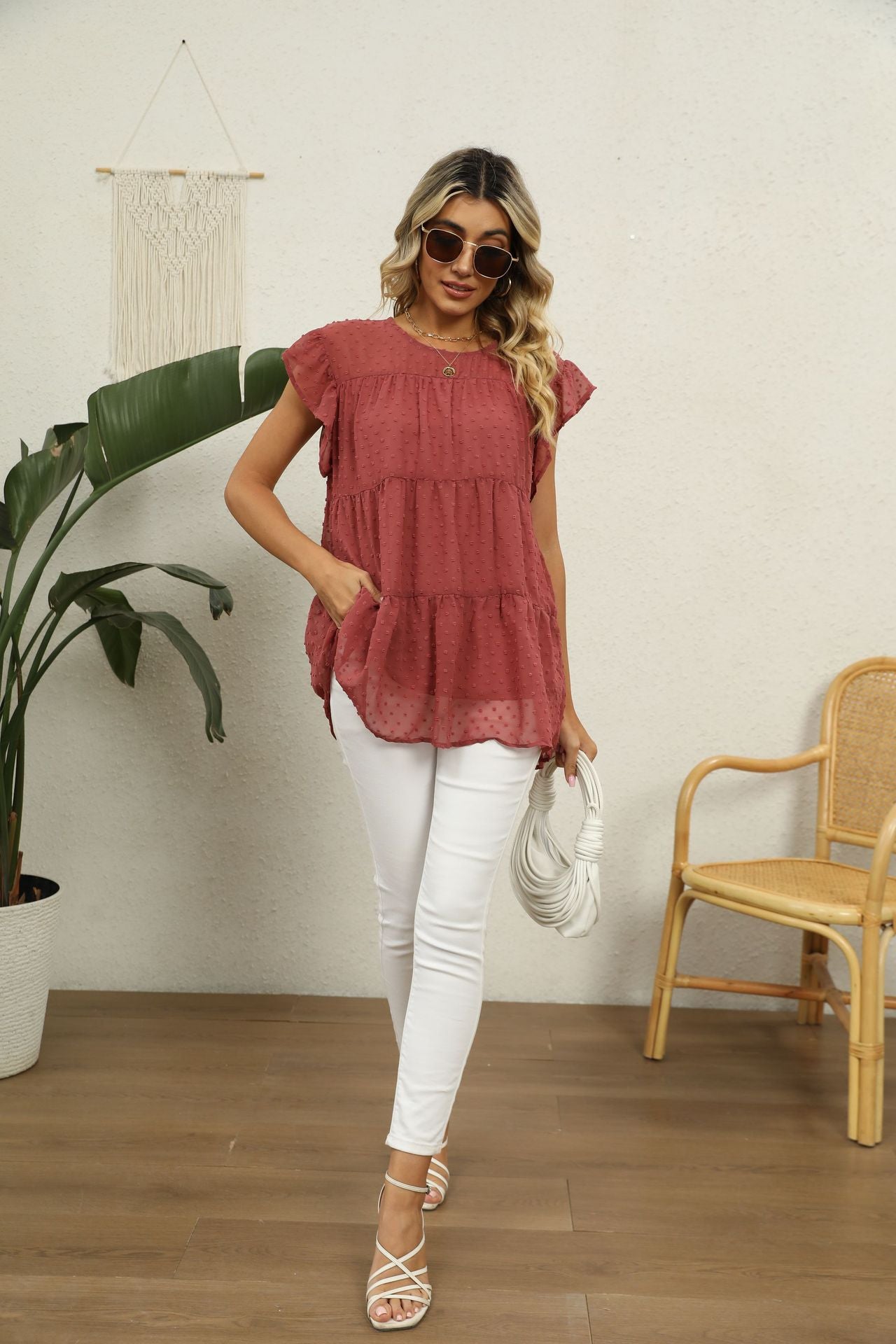 Swiss Dot Round Neck Tiered Blouse - Online Only