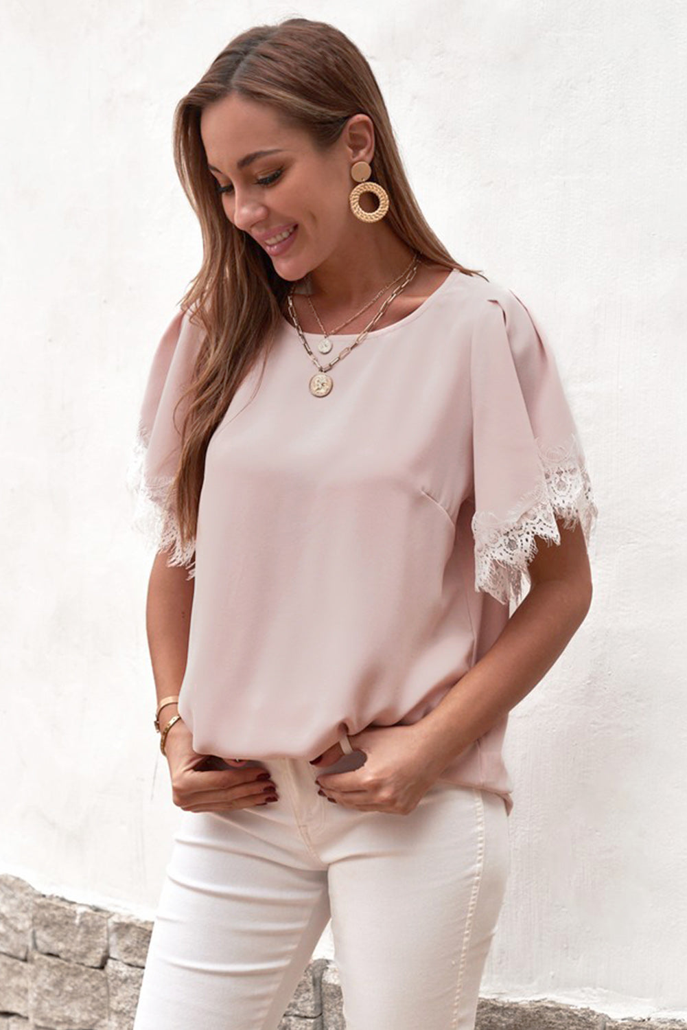 Lace Trim Flutter Sleeve Blouse - Online Only