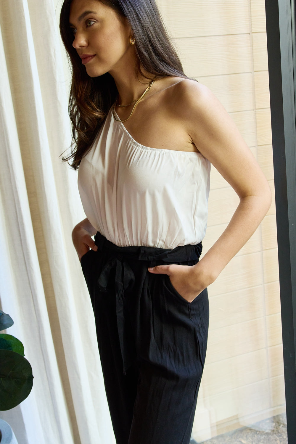Dress Day Marvelous in Manhattan One-Shoulder Jumpsuit in White/Black - Online Only