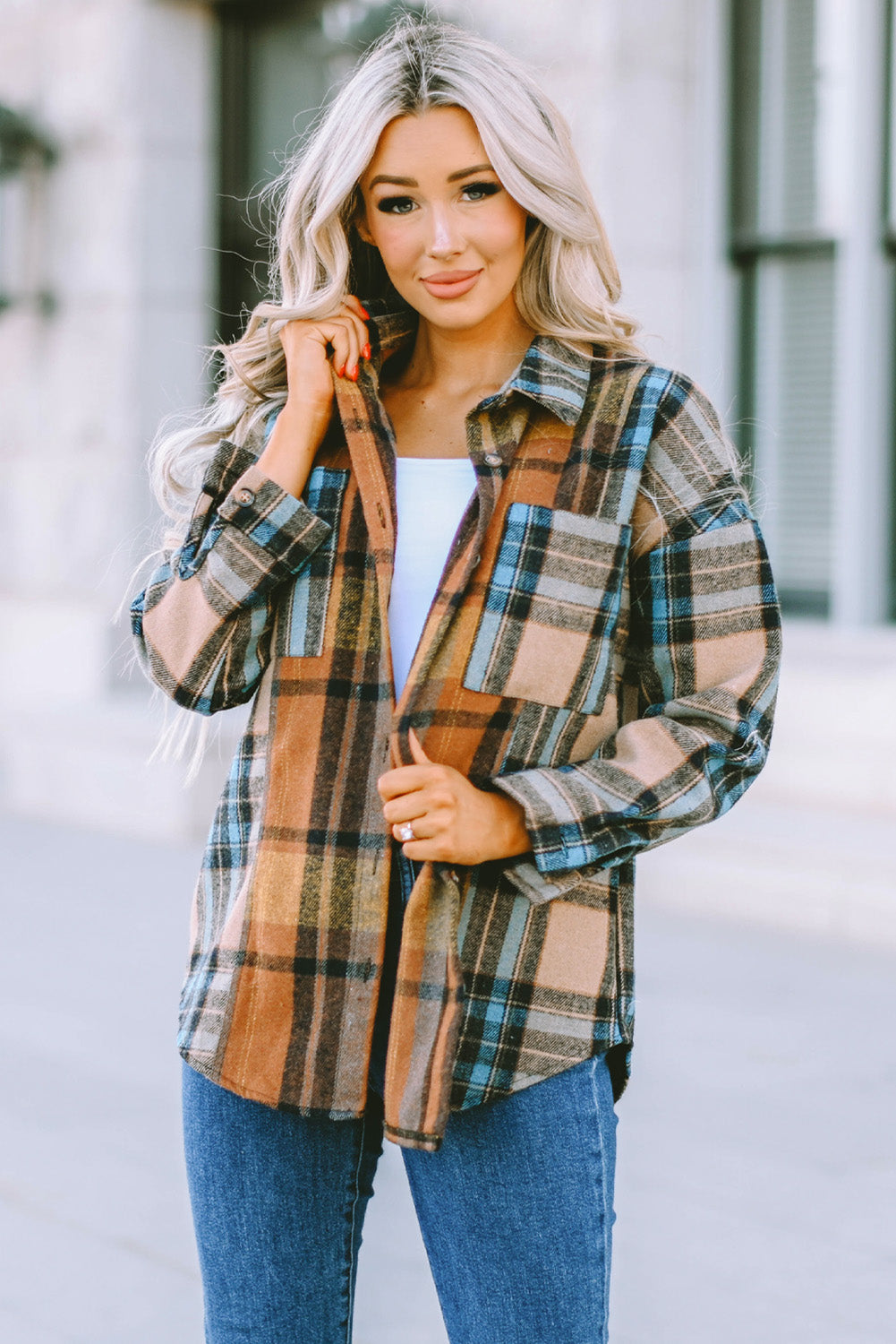 Plaid Curved Hem Shirt Jacket with Breast Pockets - Online Only