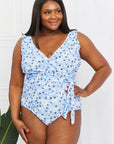 Marina West Swim Float On Ruffle Faux Wrap One-Piece in Blossom Blue - Online Only