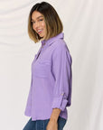 Zenana Texture Button Up Raw Hem Long Sleeve Shirt