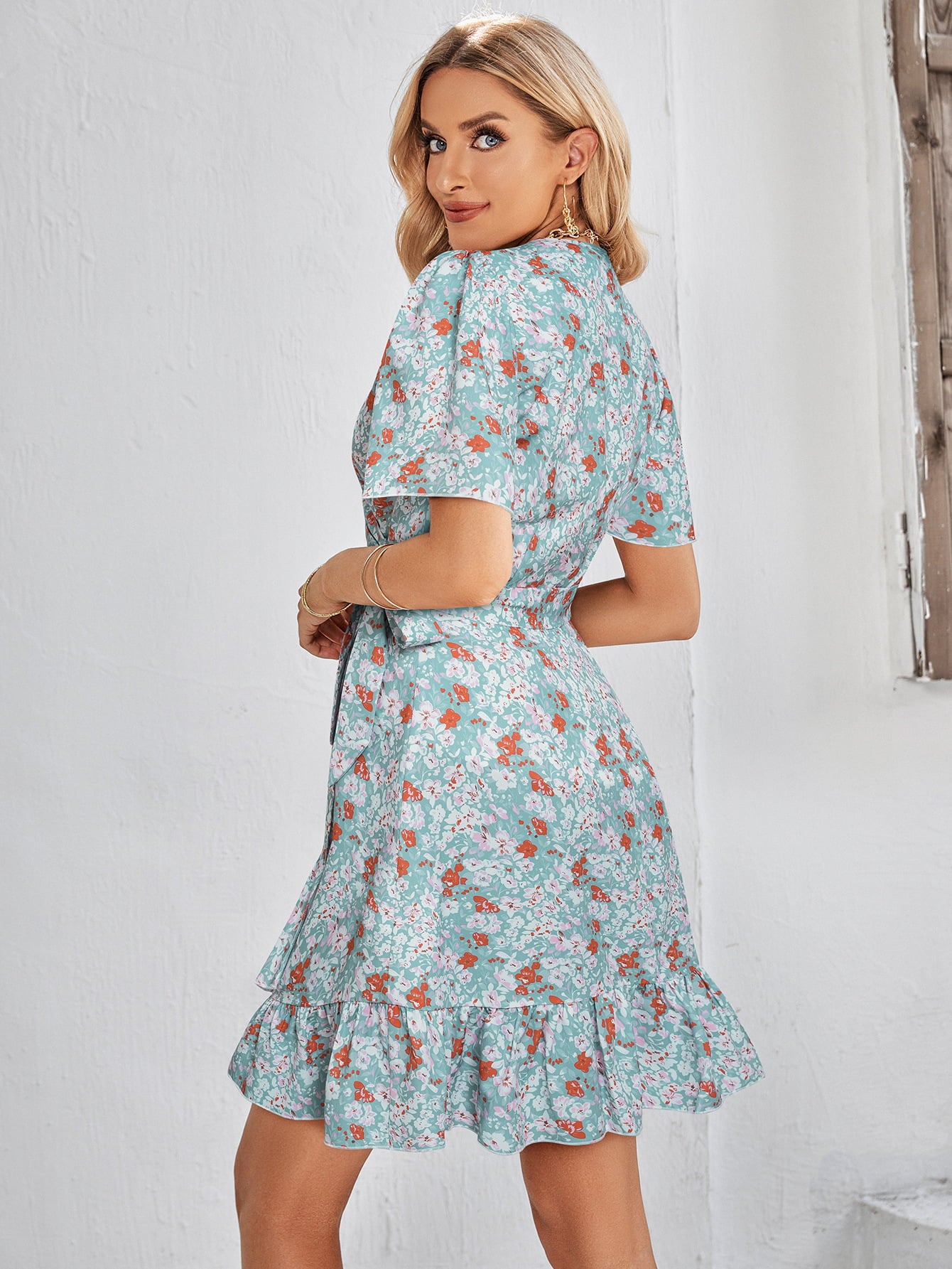 Floral Short Sleeve Ruffle Hem Dress - Online Only
