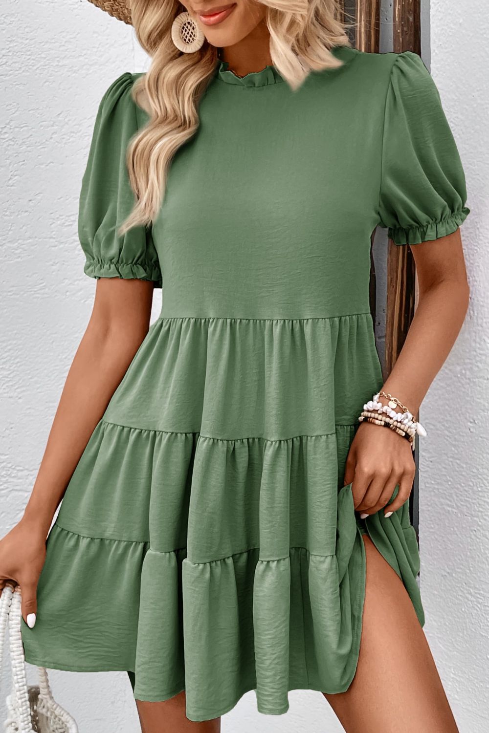 Puff Sleeve Tie Back Tiered Dress - Online Only