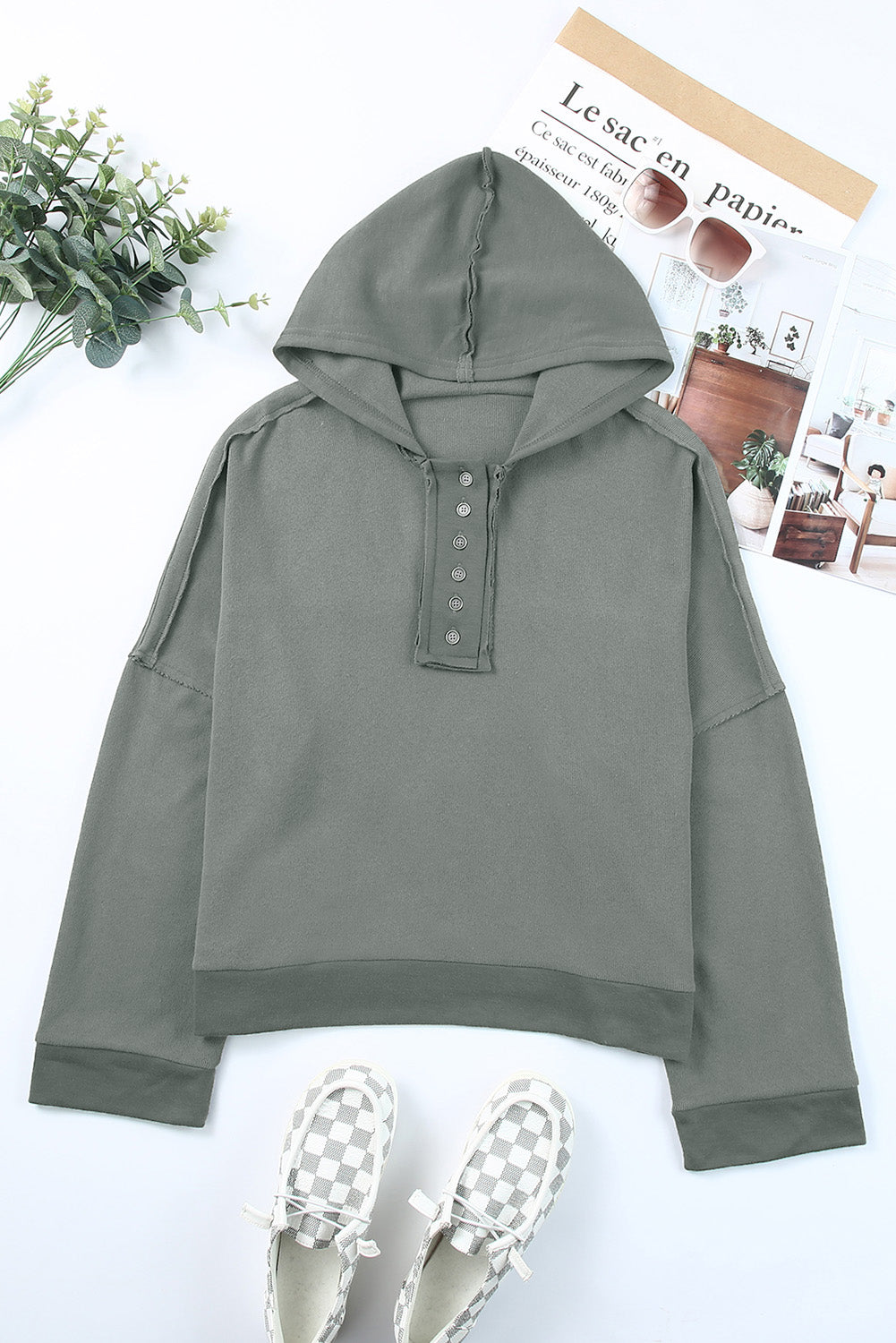 Quarter-Button Exposed Seam Dropped Shoulder Hoodie - Online Only