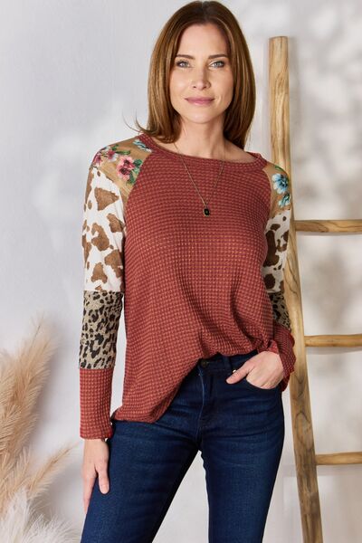 Hailey &amp; Co Full Size Leopard Waffle-Knit Blouse