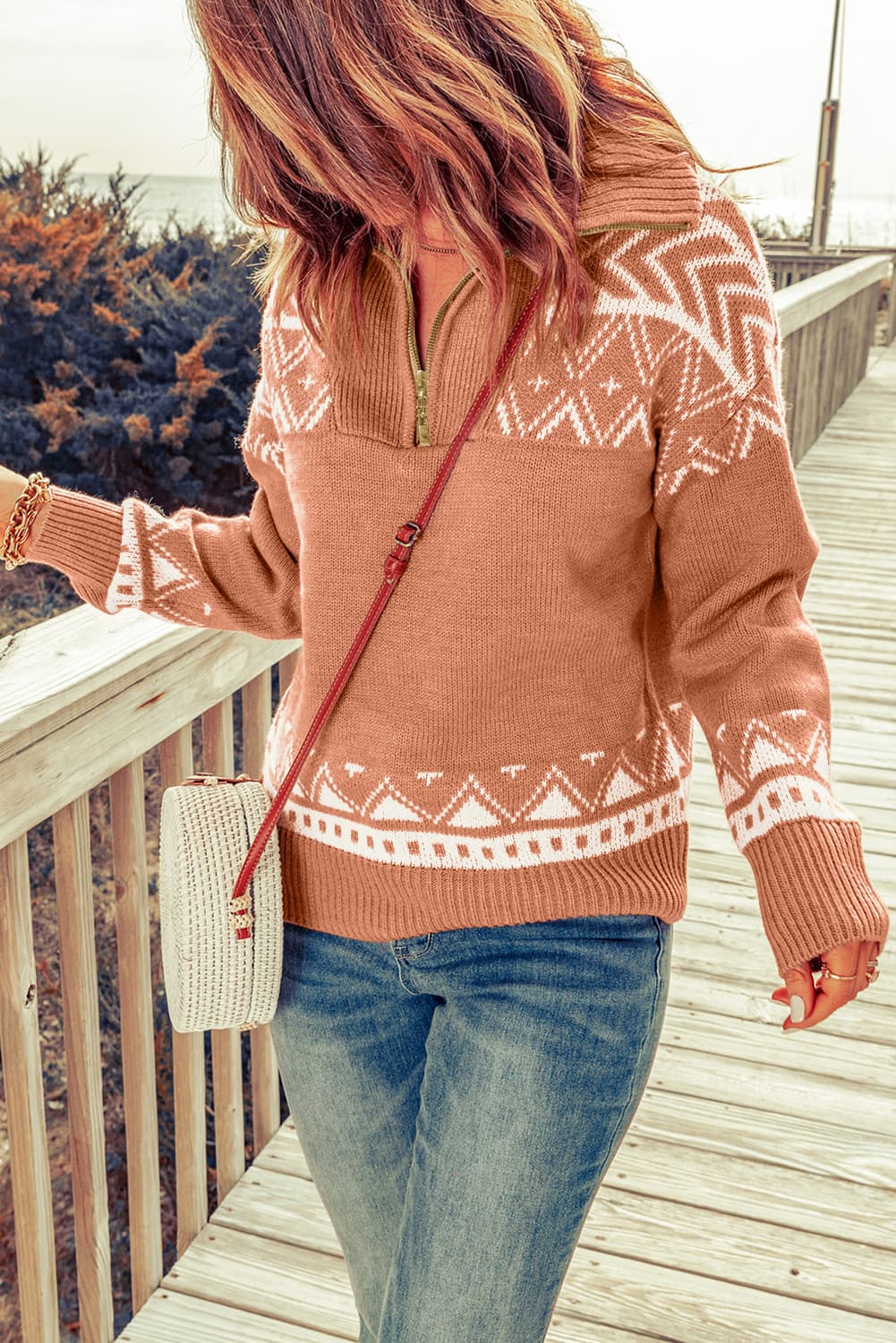 Zip-Up Mock Neck Dropped Shoulder Pullover Sweater - Online Only