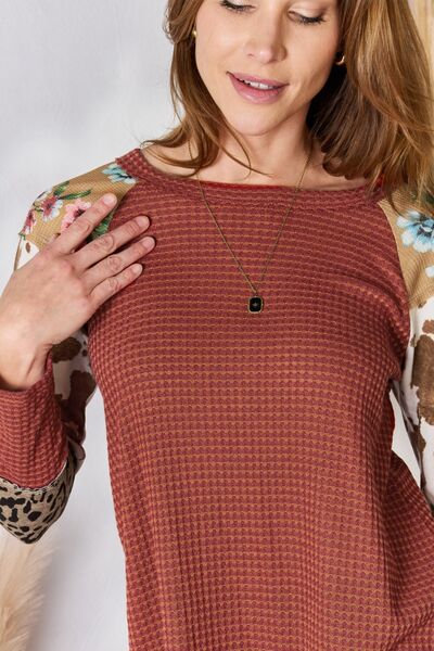 Hailey &amp; Co Full Size Leopard Waffle-Knit Blouse